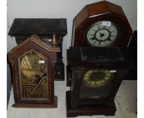 Late 19th C walnut cased two train American mantel clock with faux mercury pendulum and three other American mantel clocks