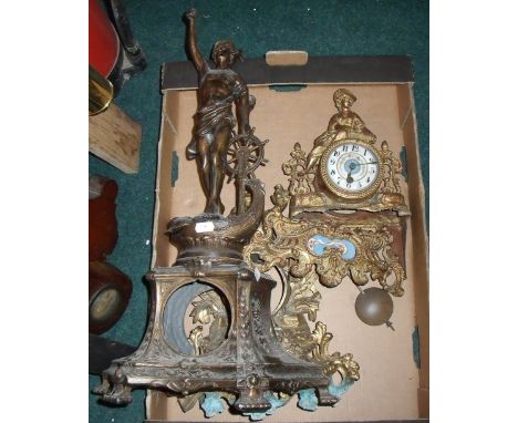 Late 19th c guilded spelter clock and two other metal clock cases