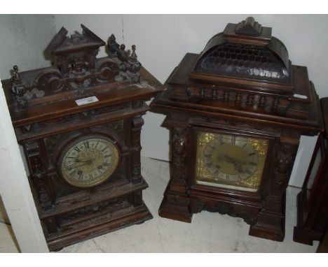 Late 19th C oak cased mantel clock the case elaboratly carved with two train movement by Lenzkirch and similar walnut cased m