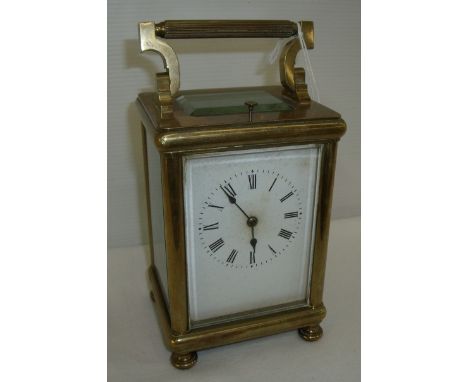 Late 19th C French brass carriage clock, platform escapement, two train movement with strike repeat mechanism, 