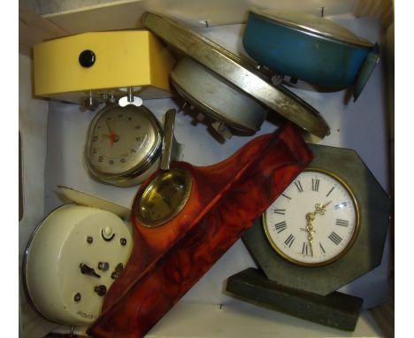 Selection of various mantel clocks including Bakelite cased clock and others including Smith Alarm, Brazil, Chinese made cloc