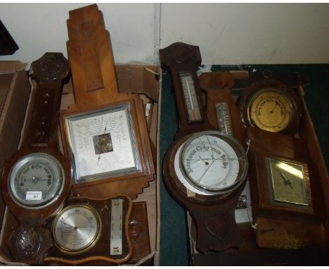 1930s walnut cased Anoroid wheel barometer and other Aneroid barometers (two boxes)