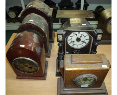 Early 20th C mahogany mantle clock with three train Westminster chiming movement by Junghans and six other clocks clocks by t
