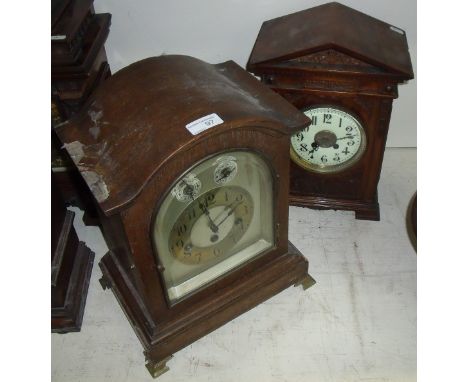 Early 20th C oak cased bracket clock with three train Westminster Chinming movement by Junghans and late 19th c walnut cased 