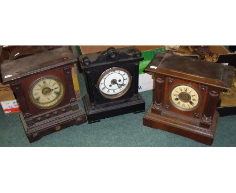 Late 19th C stained beech mantel alarm clock by Fattorini & Sons Bradford with two train movement, similar clock by the same 