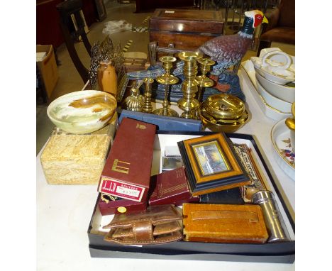 An inlaid wooden two-division tea caddy, 20cm wide, a needlework box, a modern painted metal doorstop in the form of a pheasa