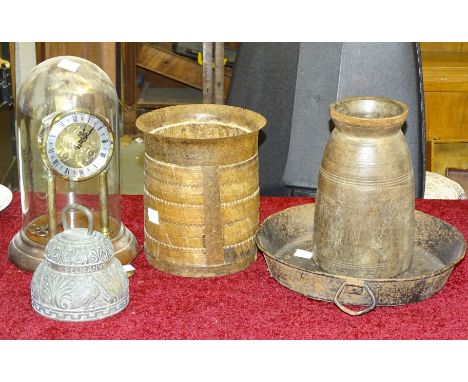 A constructed mantel clock with Japy Frères movement, bell strike, under glass dome, on circular wooden frame, 30cm high, a t