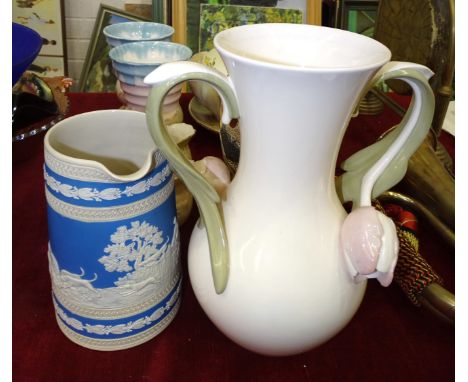 A Copeland blue and white hunting jug, 17.5cm high, a Locke &amp; Co, Worcester, sugar bowl and cream jug, a Goebel vase with