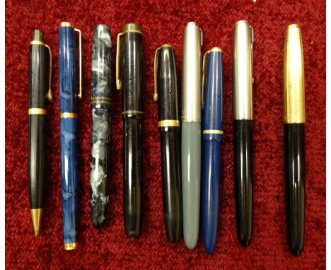 A Conway Stewart 84 fountain pen, a Mentmore Diploma fountain pen, a De La Rue fountain pen, (no clip), four Parker fountain 