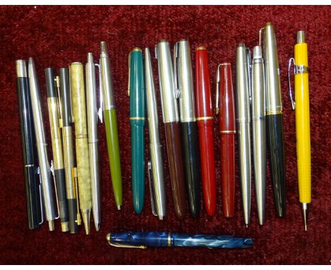 A Conway Dinkie 560 fountain pen, six various Parker fountain pens and a collection of propelling pencils and ballpoint pens.