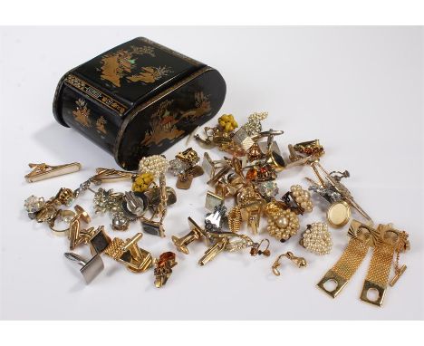 Collection of cuff links, various designs, together with tie clips, etc, housed within a Japanese lacquered box