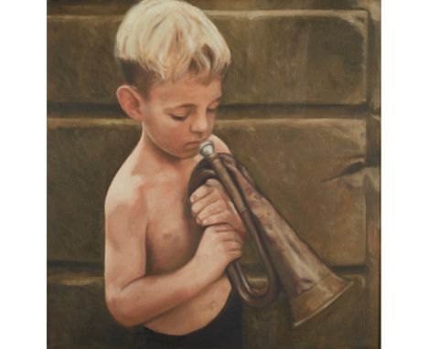 § GERARD M. BURNS (SCOTTISH 1961-) BOY WITH BUGLE Oil on canvas(63cm x 60cm (24.75in x 23.5in))