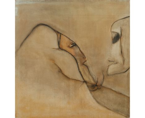 § PATRICIA DOUTHWAITE (SCOTTISH 1939-2002) WOMAN WITH DEATH, 1975 Inscribed with title and dated '75 stretcher verso, oil on 