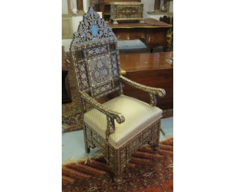 SYRIAN OPEN ARMCHAIR, with mother of pearl and bone inlaid decoration and a patterned upholstered seat, 55cm W x 134cm H.