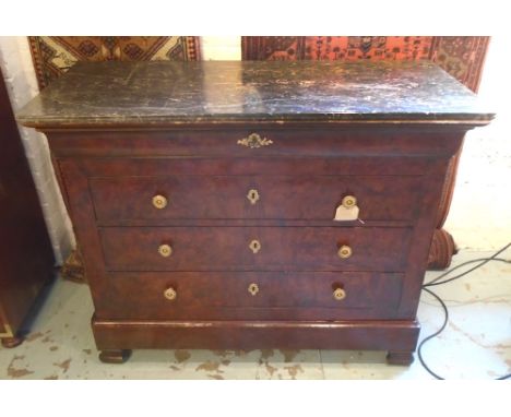 COMMODE, 19th century French Louis Philippe figured walnut with grey marble top and five long drawers, 124cm W x 55cm D x 96c