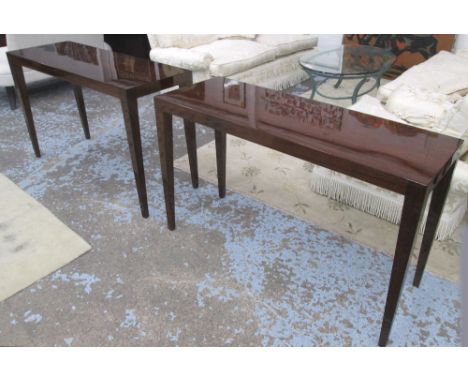 CONSOLE TABLES, a pair, with a rectangular top on square tapered supports, 120cm x 75cm H x 45cm. (2) (slight faults)