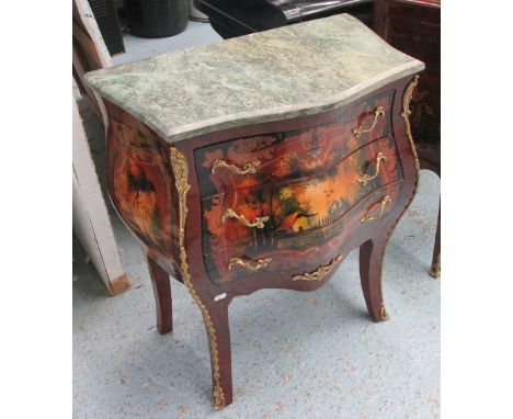 SMALL BOMBE COMMODE, with three drawers, Louis XV style with marble top, 63cm x 36cm x 73cm H.