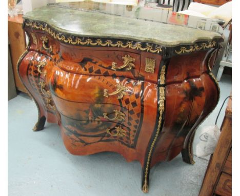 BOMBE COMMODE, four drawers with inlay and marble top, 134cm x 50cm x 91cm H.
