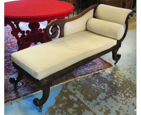 CHAISE LONGUE, George IV beech simulated as rosewood, reupholstered in Ian Mankin white linen with bolster and squab cushion 
