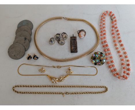 A silver ingot pendant, 30g; a Monet integrated necklace, matching earrings, another pair of Monet earrings; coral and glass 