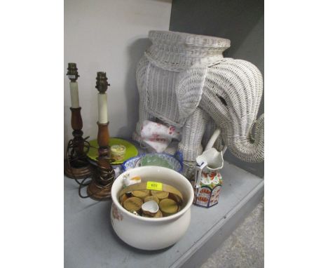 Vintage tin spice canisters, two reproduction lamps, early to late 20th century ceramics, a papermache box and a stool in the