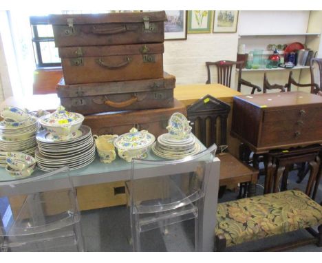 Four vintage leather bound suitcases, a quantity of Masons 'Regency' tableware and mixed furniture comprising of a Victorian 