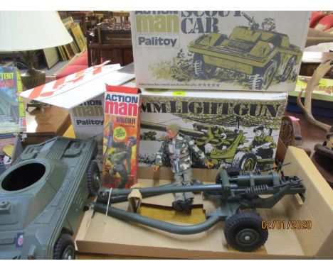 A Palitoy Action Man 105mm Light gun, together with a Palitoy Action Man Scout Car, both with original boxes, together with a