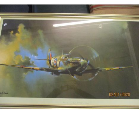 Barrie A F Clark - Spitfire, a print, together with a print of a Lancaster, a print of HMS Art Royal and a print of a Mosquit