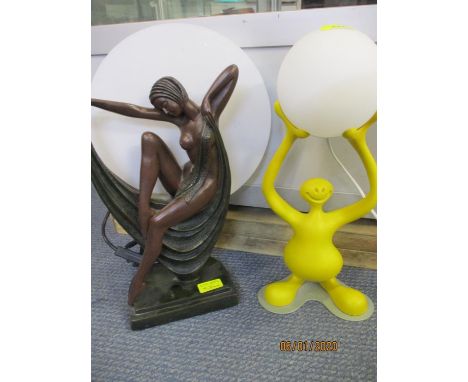 A 1990s Italian Ruggiu smile lamp in yellow, together with a reproduction Art Deco style lamp 