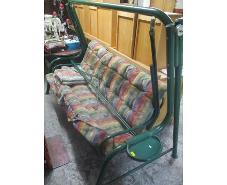 A large aluminium garden swing bench with cushions, 63 1/2"h x 102"w 