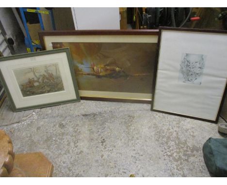 Prints to include Barrie Clark - a view of a Spitfire, Alken - hunting scene, another and a tapestry (4) 