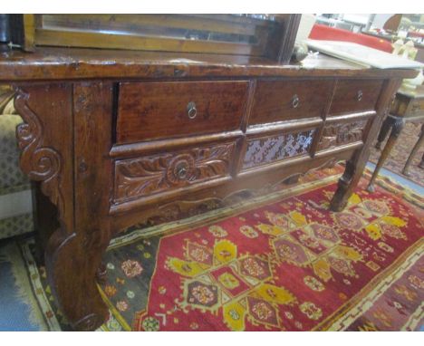 A 20th century Chinese alter table having six inset drawers and scroll shaped front feet, 34" x 82"w 