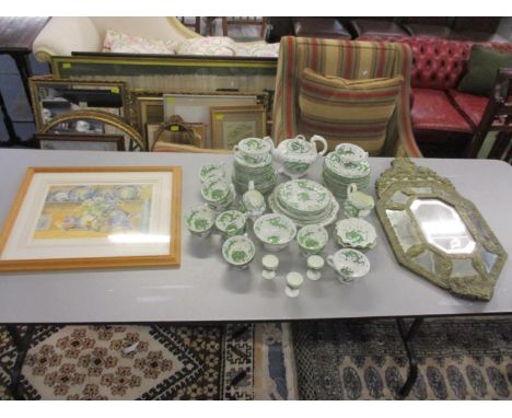 A 19th century embossed brass framed mirror, late Victorian teaware decorated with dragons, and a signed print 