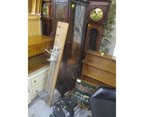 A Stag display cabinet together with a lathe bed for a drill, step machine and retro Arthur Price canteen of cutlery 