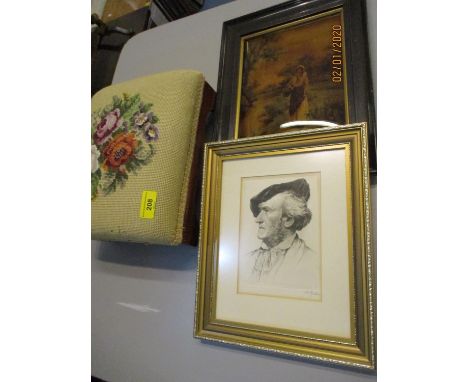 A Victorian cushioned print of a young farm girl, together with a signed print of a gent and a small mahogany foot stool 