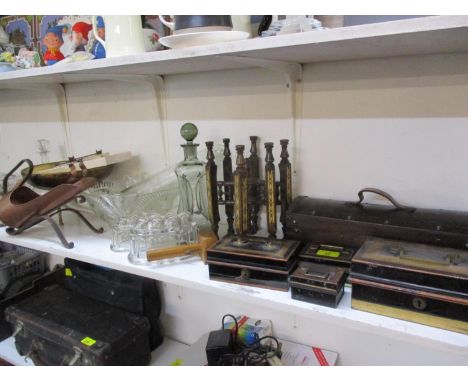Mixed boxes to include vintage cash boxes, together with treen, metal and glass items 