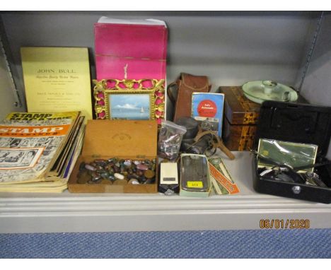 A vintage lot comprising stamp collectors magazines, watches, cameras, old pennies, hardstones and an inlaid writing box 