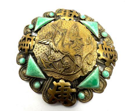 Large vintage Max Neiger brothers stork design brooch, Czech Art Deco, green Peking glass triangle cabochons, Chinese style m