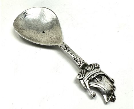 Antique silver tea caddy spoon viking ship handle makers mark chester S&amp;Co 