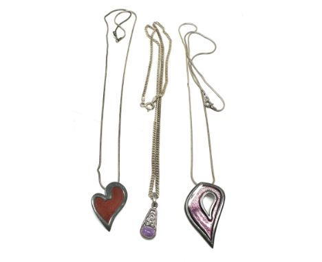 3 vintage silver &amp; enamel &amp; stone set pendant necklaces 
