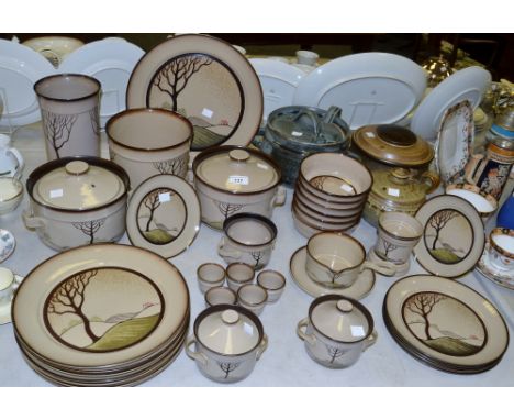 A Denby Savoy pattern part dinner service; a Denby Romany pattern stoneware casserole dish and cover; a Cornish stoneware sou