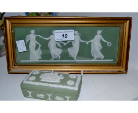 A Wedgwood green jasperware plaque in relief in white, with Neo Classical ladies,  framed ; a green Wedgwood Jasperware trink