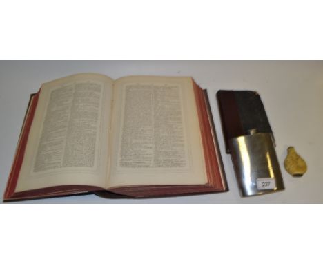 Websters Dictionary, William Mackenzie;  English Language and Grammar;  a plated hip flask; a resin snuff box