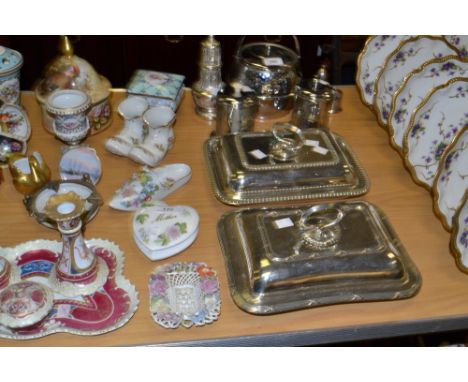 A Vienna quatrefoil dressing table tray and candlesticks; a Dresden campana shaped vase ; a Dresden floral encrusted slipper 