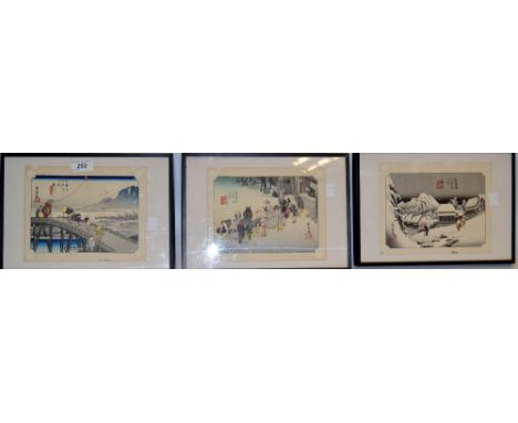 A set of three Japanese block print images, 16.5cm x 20cm