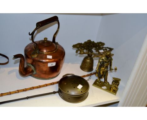 Copper and Brass - a copper kettle; a brass bell; a brass chestnut warmer; bamboo and horn handled swagger stick; etc