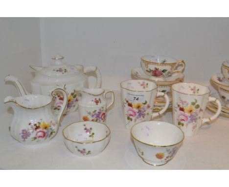 Royal Crown Derby - a Derby  Posies pattern teapot, milk jug, two coffee mugs, sugar;  a set of four Derby Days pattern teacu