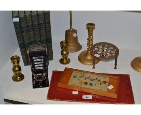 Household Goods- an Agfa box camera; a pair of brass candlesticks; the Nature Book vols 1-6; Colorito vintage board game; etc