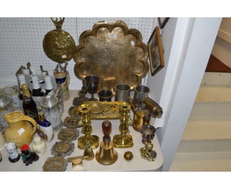 Metal Ware - horse brasses; Persian tray; a trivet; a blow lamp;  etc 