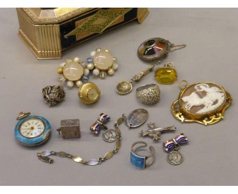 A box of assorted silver jewellery including an agate brooch, a brooch marked Christian Dior, a turquoise enamel ladies pocke